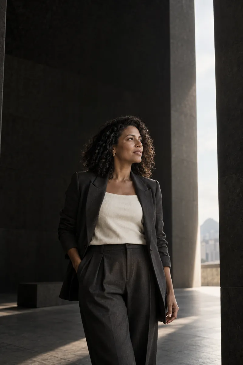 Uma mulher olha para uma abertura de luz em um espaço de pedra escura.