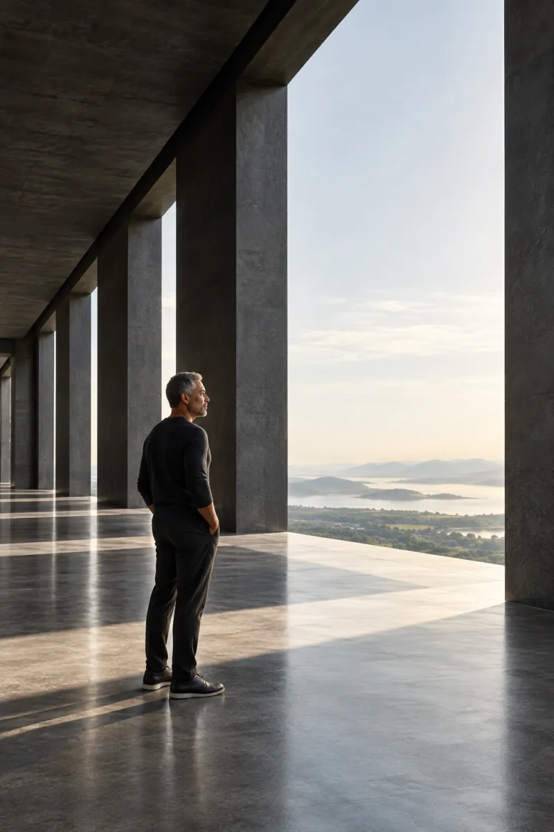 Um homem observa o horizonte a partir de um espaço arquitetônico amplo.